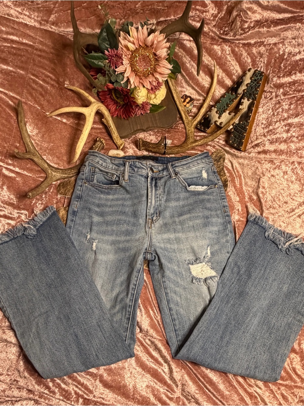RISEN XRDP1418 Size 11/30 Distressed Flare Jeans Raw Frayed Hem